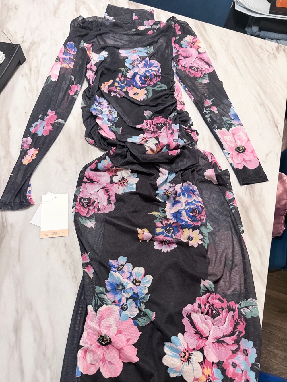 Othr Black Mesh Long-Sleeve Floral Bodycon Dress